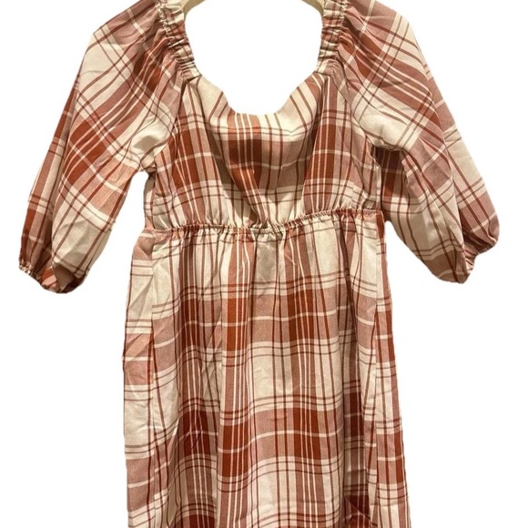🆕Monteau Casual Baby Doll Plaid Dress W 1/2. Puff Sleeves Cream/Rust Brown Small - Picture 4 of 5